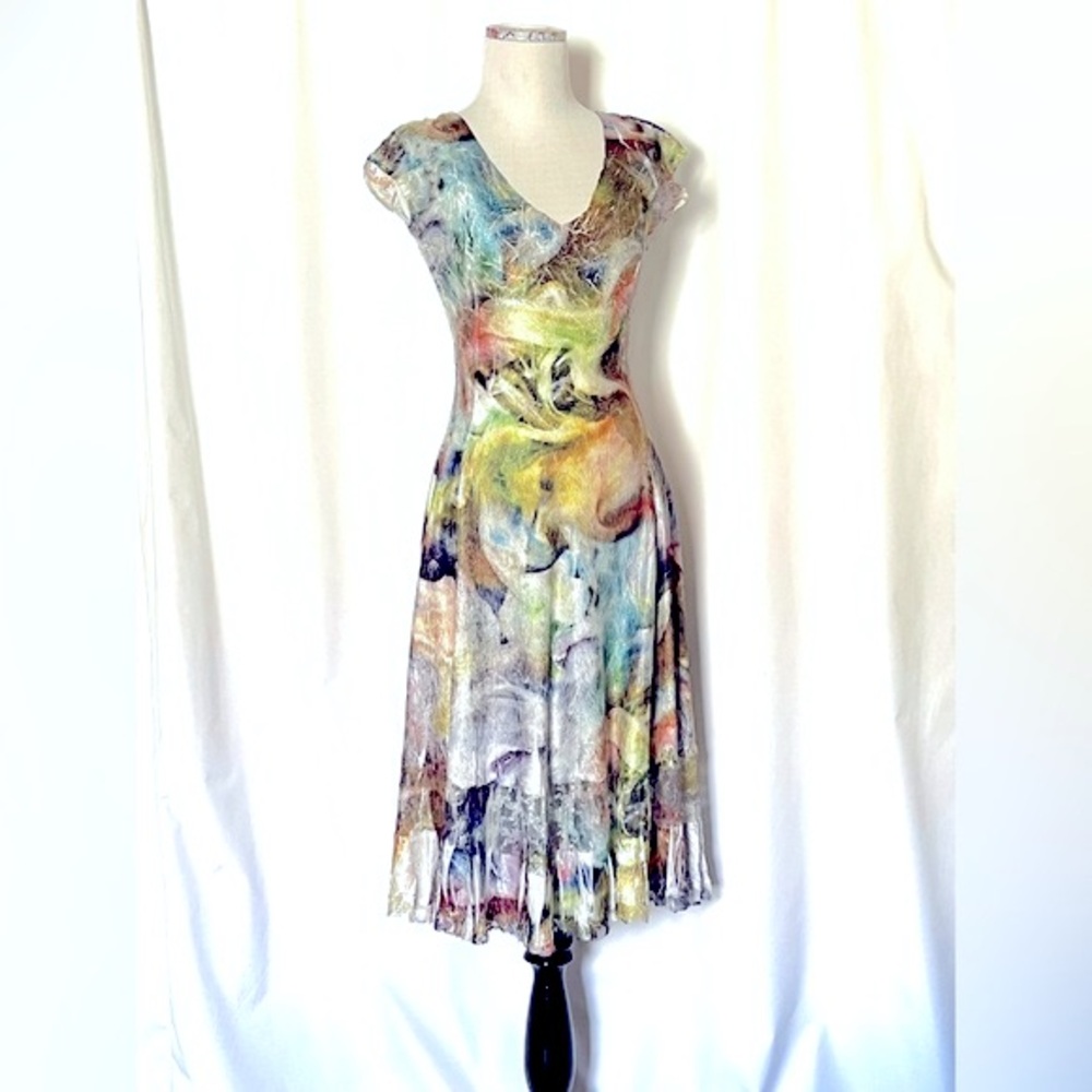 Sold Komarov Crinkle Midi Dress V-Neck Lace